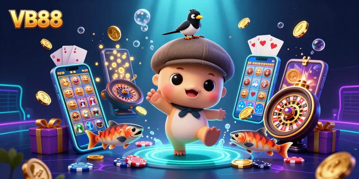 Spin the reels with VB88, featuring a playful Nessie and gold coins in a vibrant casino setting.