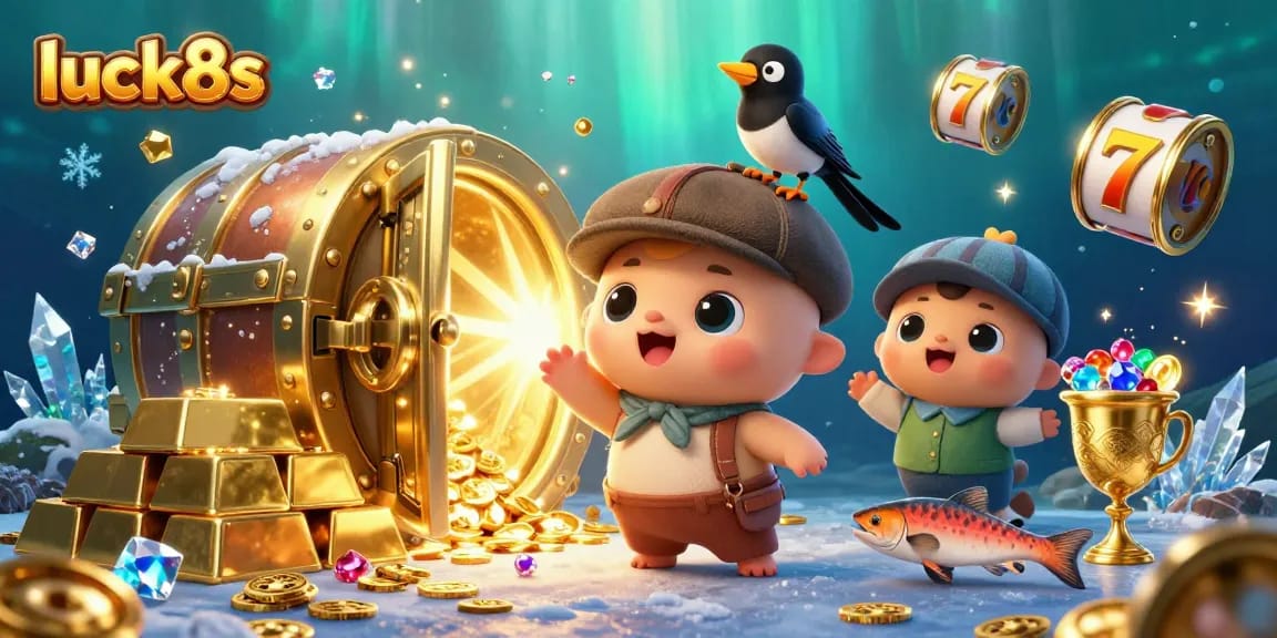 Experience exciting wins with luck8s in this vibrant 3D illustration featuring playful gaming elements and treasure.