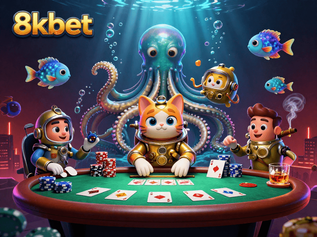 Experience the thrill of 8kbet with a stunning underwater casino scene featuring a golden kraken!