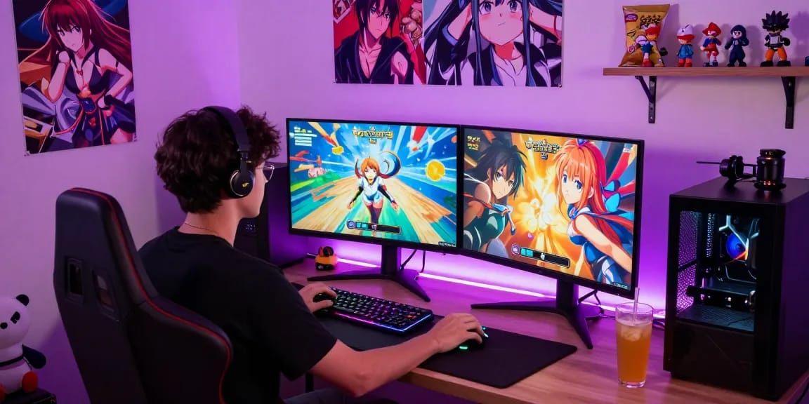Engaging gaming setup with colorful hentai games displayed on dual monitors, showcasing an immersive experience.