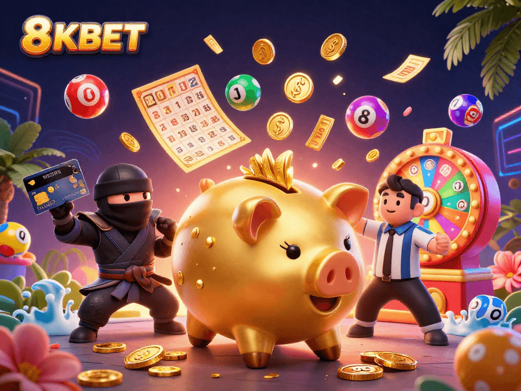Experience thrilling gameplay at 8KBET with vibrant lottery and casino elements vividly illustrated