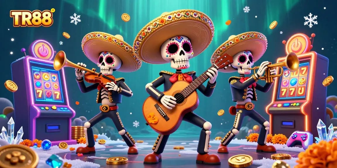 Experience the thrill of TR88 with a vibrant 3D mariachi band amidst colorful slot machines.