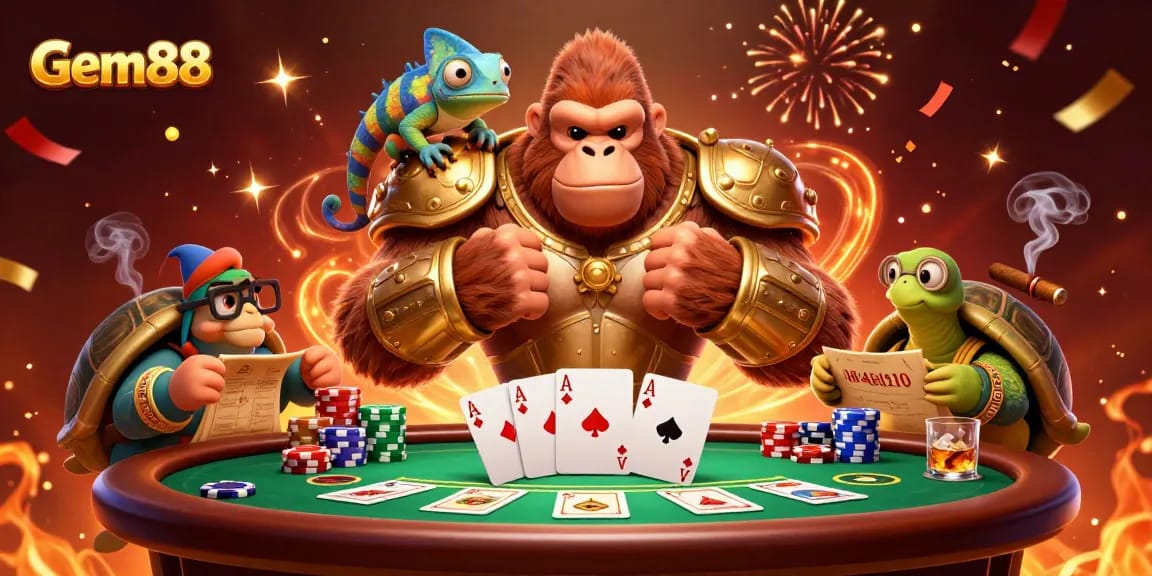Experience the thrill of Gem88 with a colorful casino scene featuring vivid characters and vibrant poker elements.