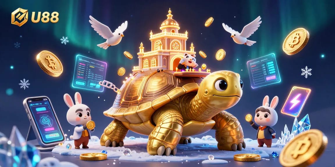 Experience U888’s vibrant casino scene with the golden tortoise, dealer, and crypto elements.