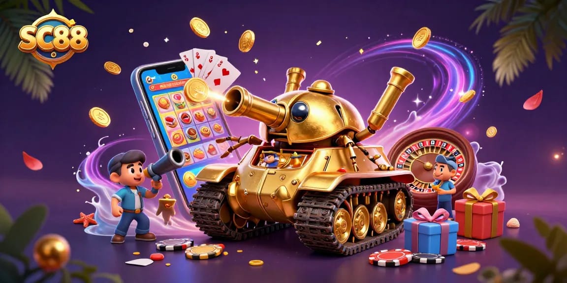 Experience the excitement of SC88 with a vibrant 3D casino beetle tank illustration filled with games.