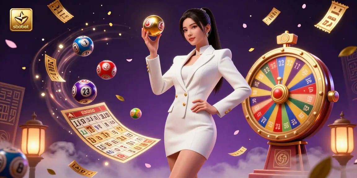 Sbobet presents a vibrant casino scene with dynamic lottery elements and a confident Asian woman holding a roulette ball.