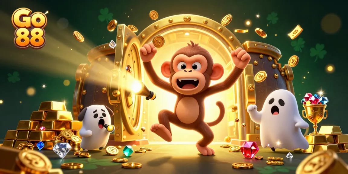 Engage with Go 88's casino thrills as a playful poltergeist monkey creates a golden spectacle.