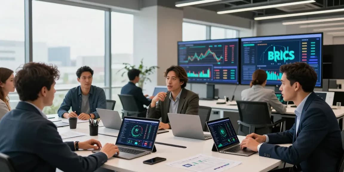 Investors strategizing to buy in BRICS crypto in a modern workspace.