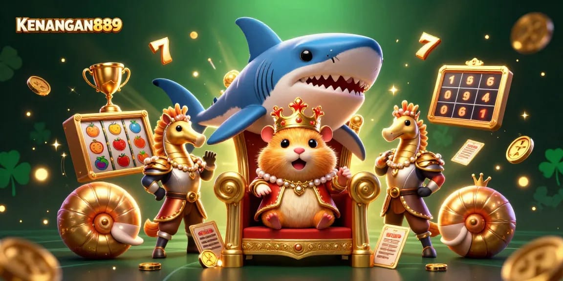 Experience KENANGAN889's thrilling slots with golden hamster king and vibrant casino elements.