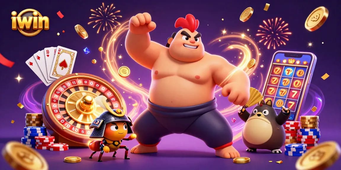 Experience iwin's thrilling casino action through an energetic illustration with vibrant characters and dynamic game elements.