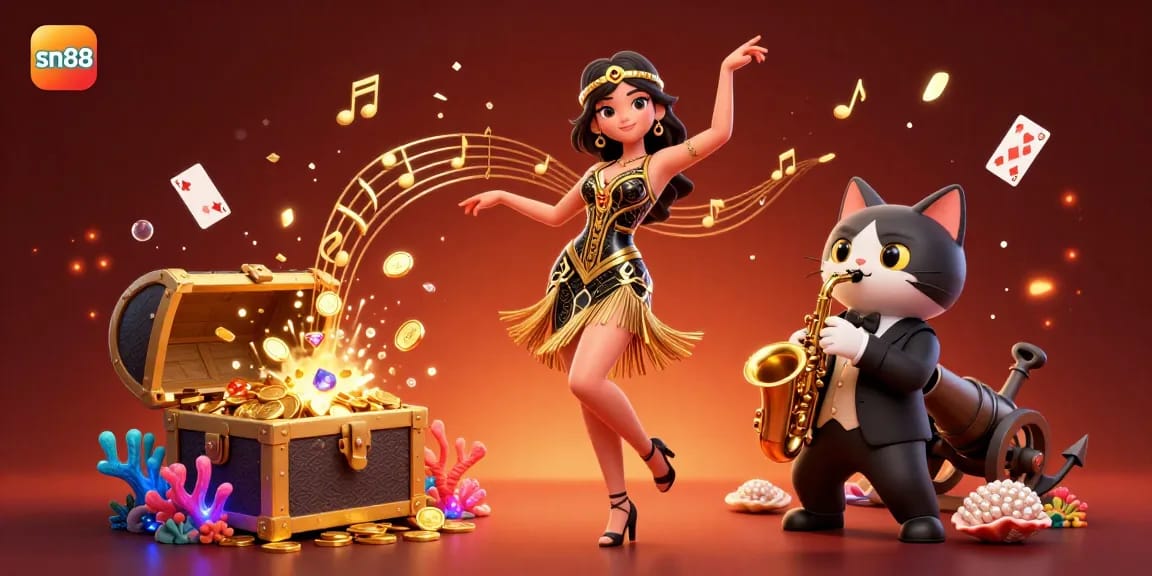 Experience the thrill of sn88 casino as characters dance amidst vibrant confetti and dynamic gaming elements.