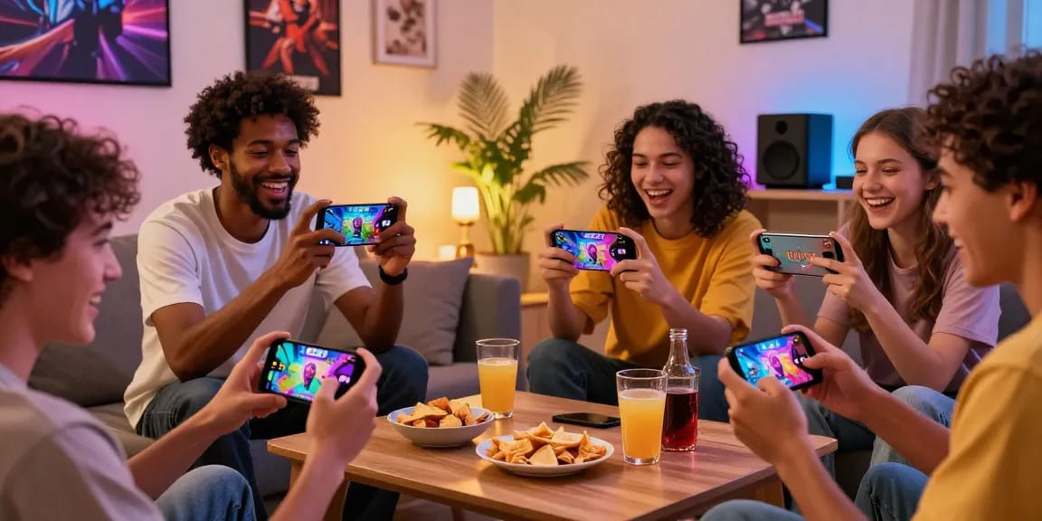 Friends enjoying JZ777games in a cozy living room, showcasing excitement and colorful mobile gameplay.