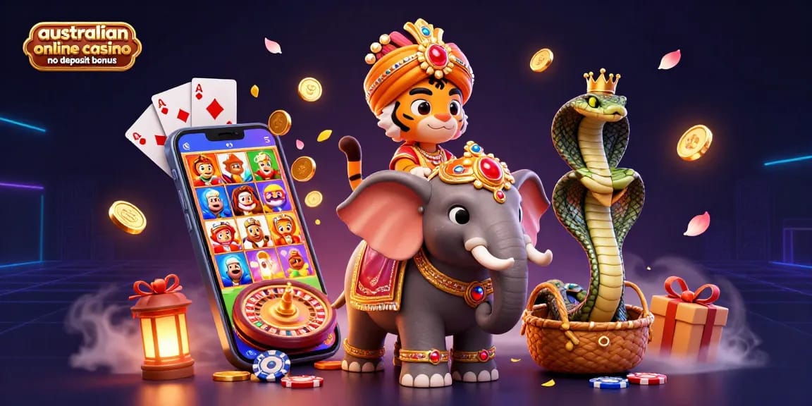 Experience the excitement of australian online casino no deposit bonus with vibrant games and stunning visuals in this dynamic 3D illustration.