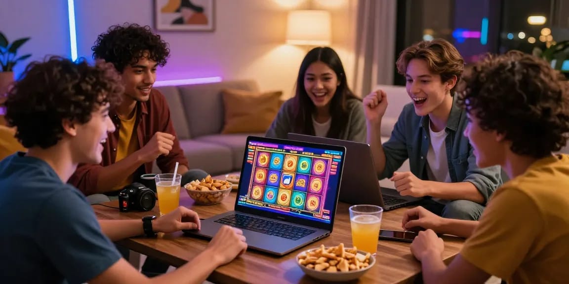 Slot gacor hari ini dengan sekelompok teman bermain bersama di ruang tamu yang nyaman