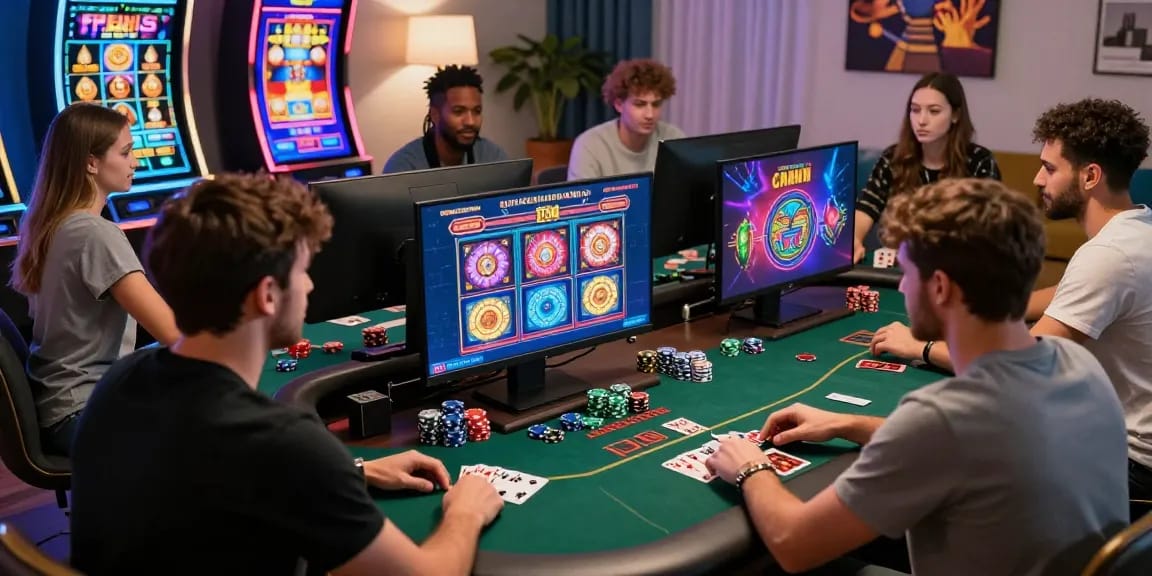 Excited players enjoying casino non aams games in a lively virtual environment.
