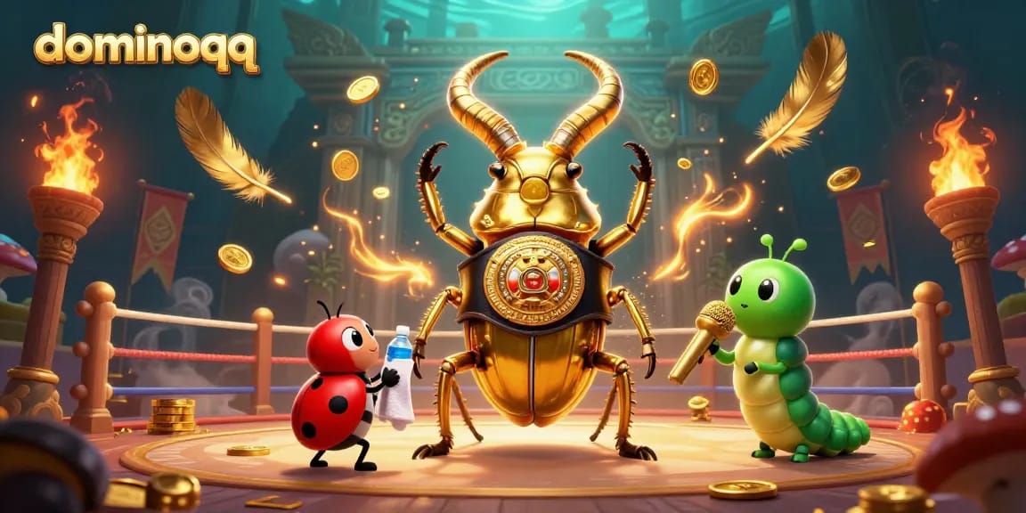 Engaging game scene featuring dominoqq with a giant beetle, ladybug, and caterpillar amidst glowing tokens and a vibrant arena.