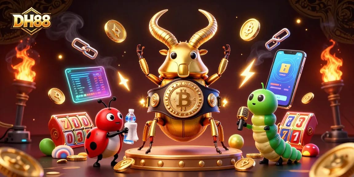 Experience excitement at DH88, where a golden stag beetle and friends face off in a vibrant casino battle.