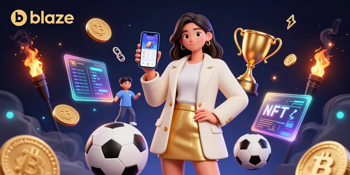 Bet on blaze with a stylish woman showcasing a sports betting app, surrounded by vibrant cryptocurrency elements.