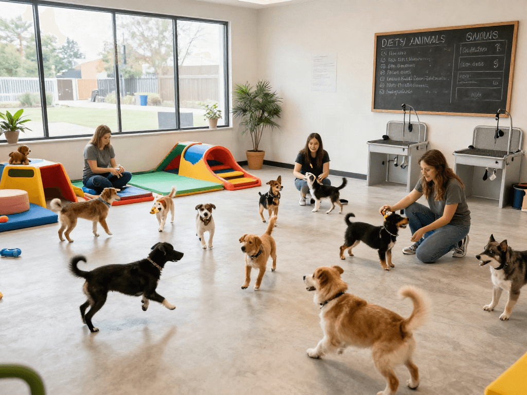Engaging dog daycare scene showcasing playful puppies, emphasizing deposit 10k investment in their wellbeing.