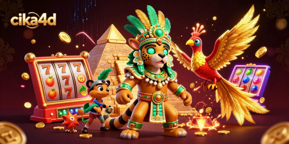 Spin the reels with excitement at cika4d, featuring vibrant slot symbols and energetic gaming elements.