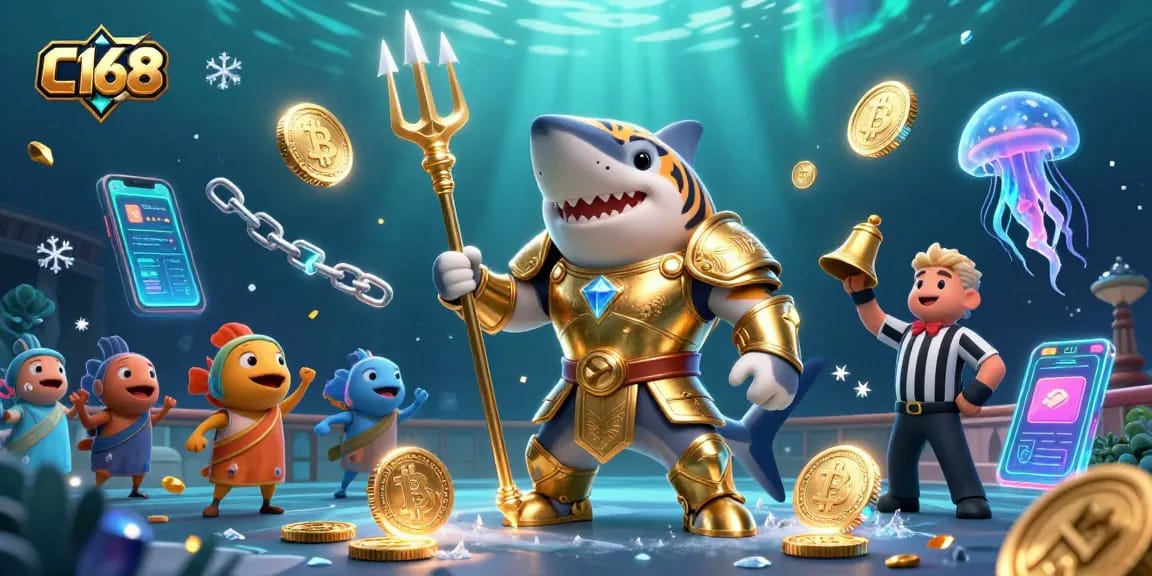Engage with the exciting C168 underwater casino arena featuring animated characters and crypto elements.