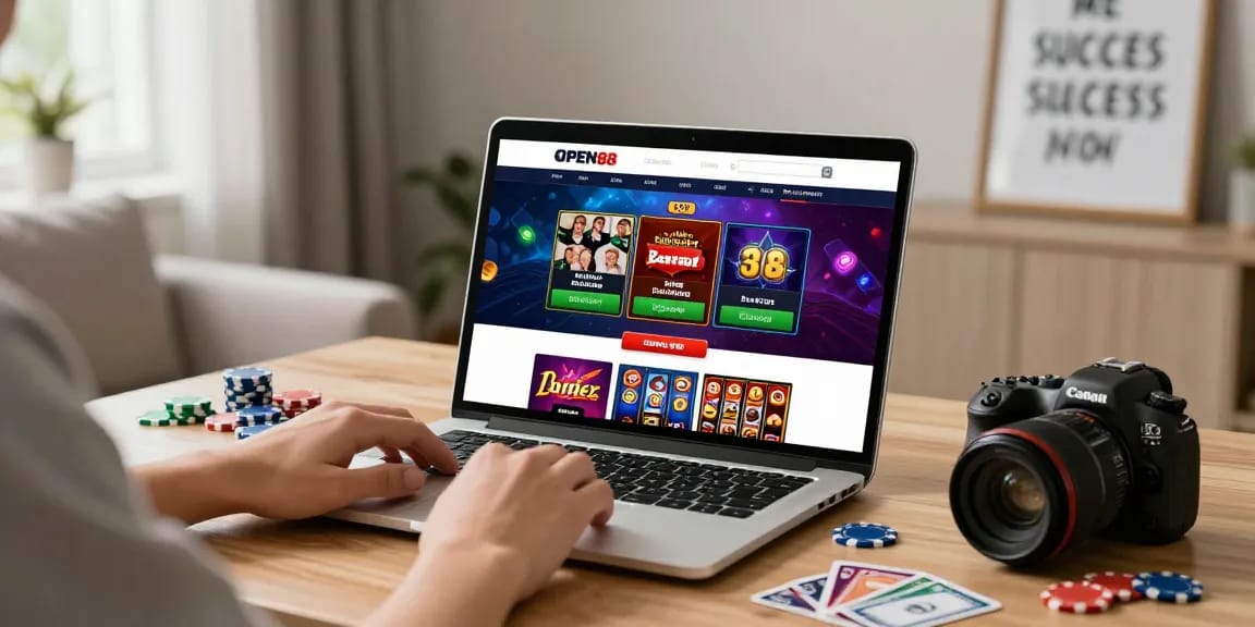 Engaging user exploring OPEN88 online gaming platform on laptop with colorful graphics.