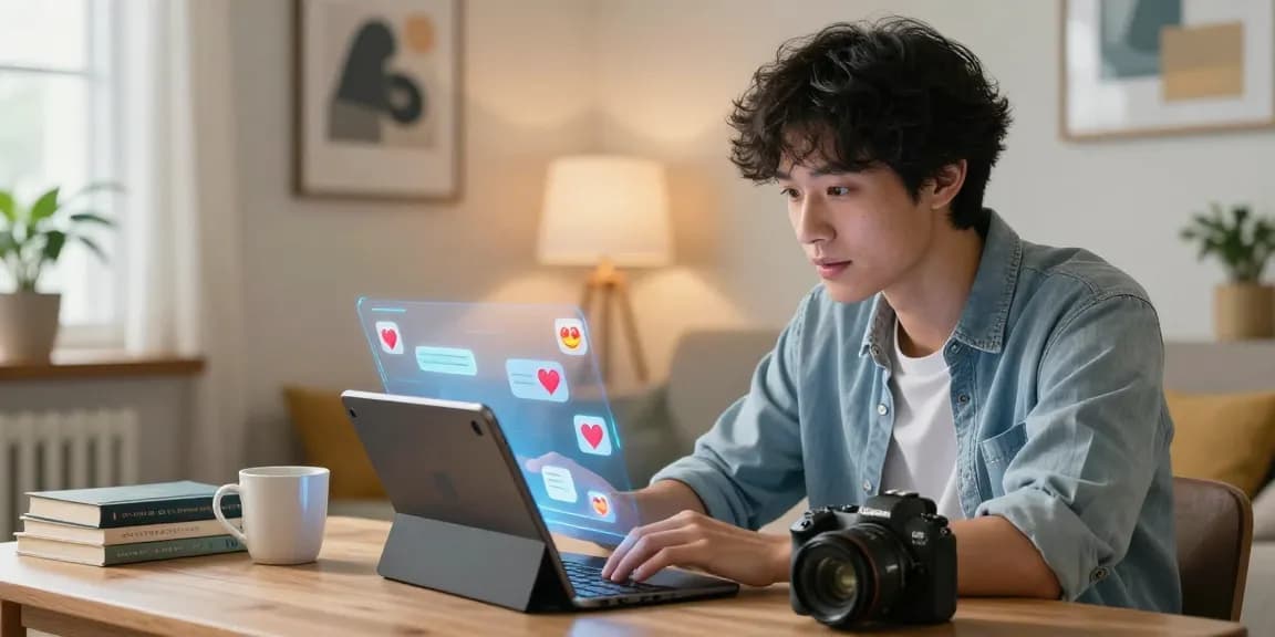 Young man interacting with his AI girlfriend in a cozy room, showcasing advanced technology and emotional connection.