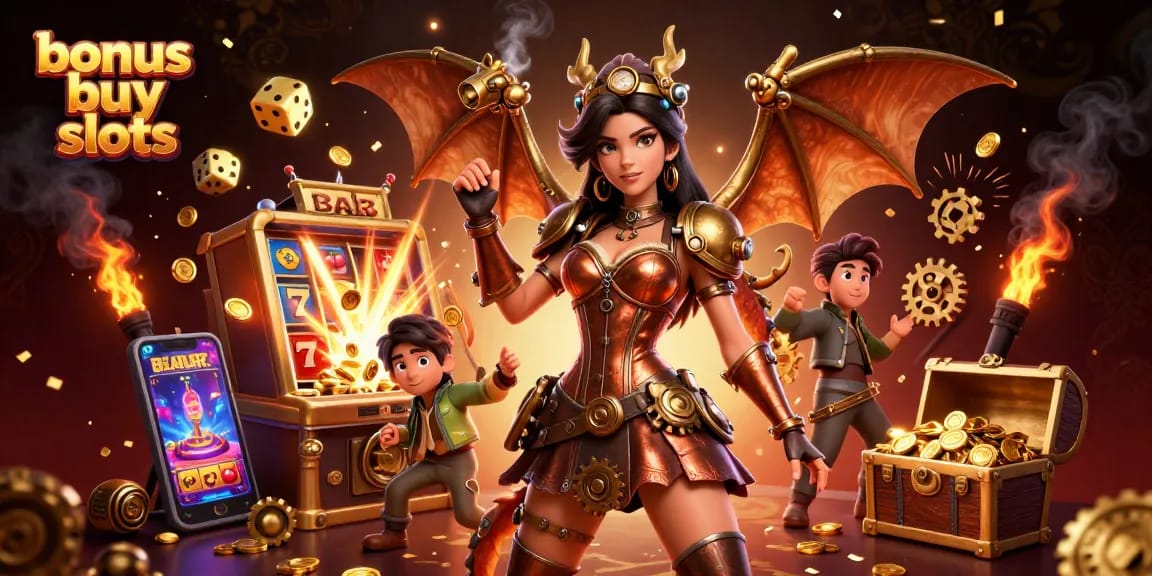 Experience exciting bonus buy slots with a stunning scene filled with dynamic slot elements and characters.
