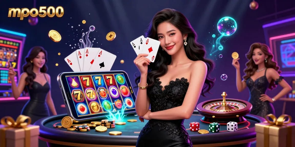 Experience mpo500's vibrant slot gaming scene with an elegant character and dynamic elements.