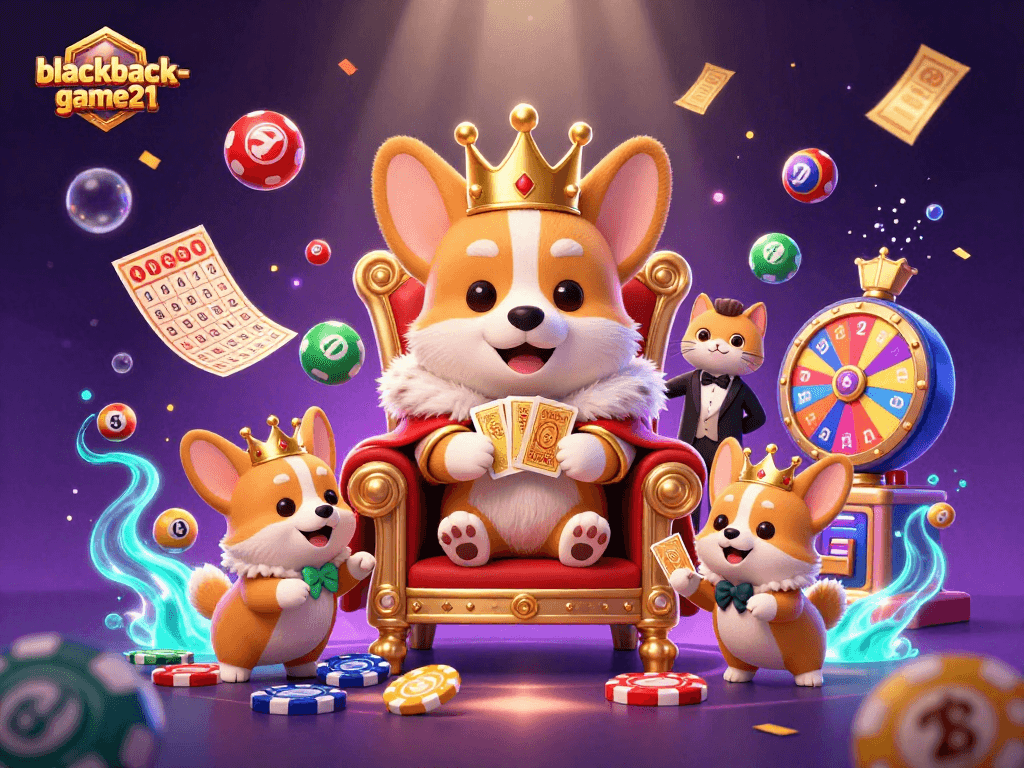 Experience the excitement of blackjack-game21 as playful characters surround vibrant gaming elements in a festive atmosphere.
