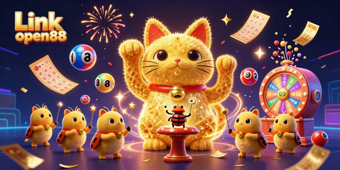Engage in dynamic gaming with Link open88 featuring a vibrant scene of casino elements and a lucky cat.