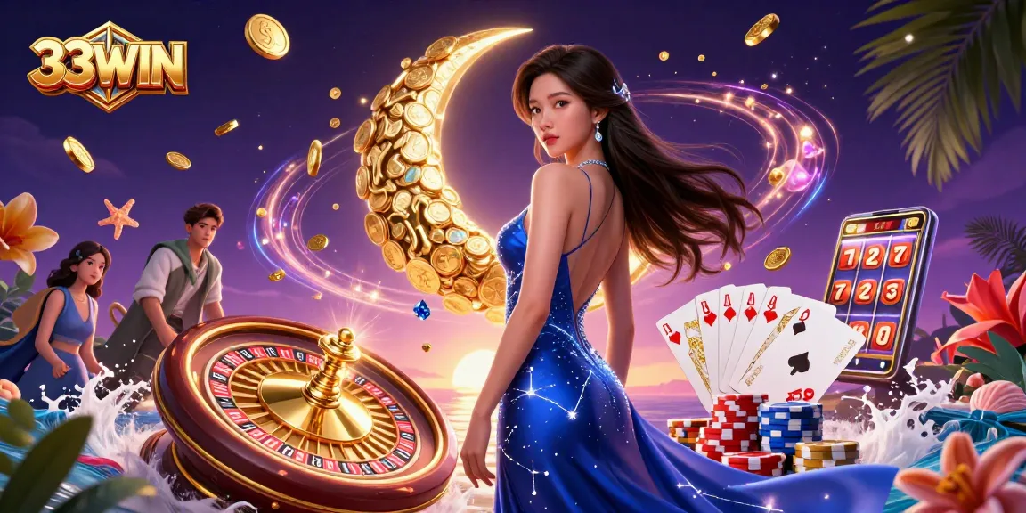 Experience the thrill with 33WIN as cascading coins and vibrant game elements come to life.