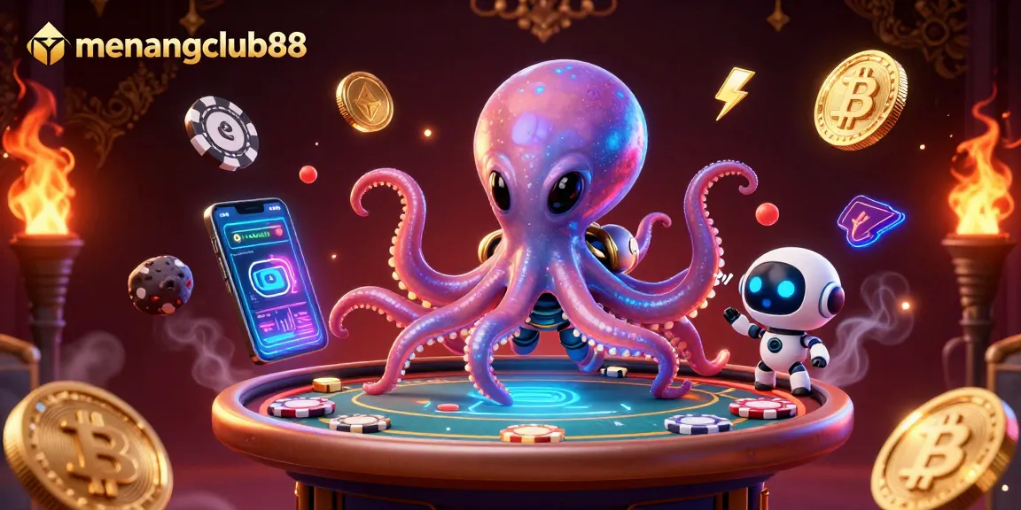 Experience thrilling gameplay with menangclub88's vibrant 3D cartoon scene featuring an alien octopus at a holographic poker table.