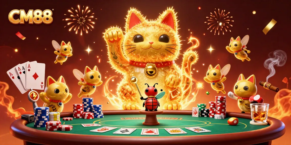 Experience thrilling wins at CM88 with a lucky cat and vibrant casino symbols in a festive atmosphere.