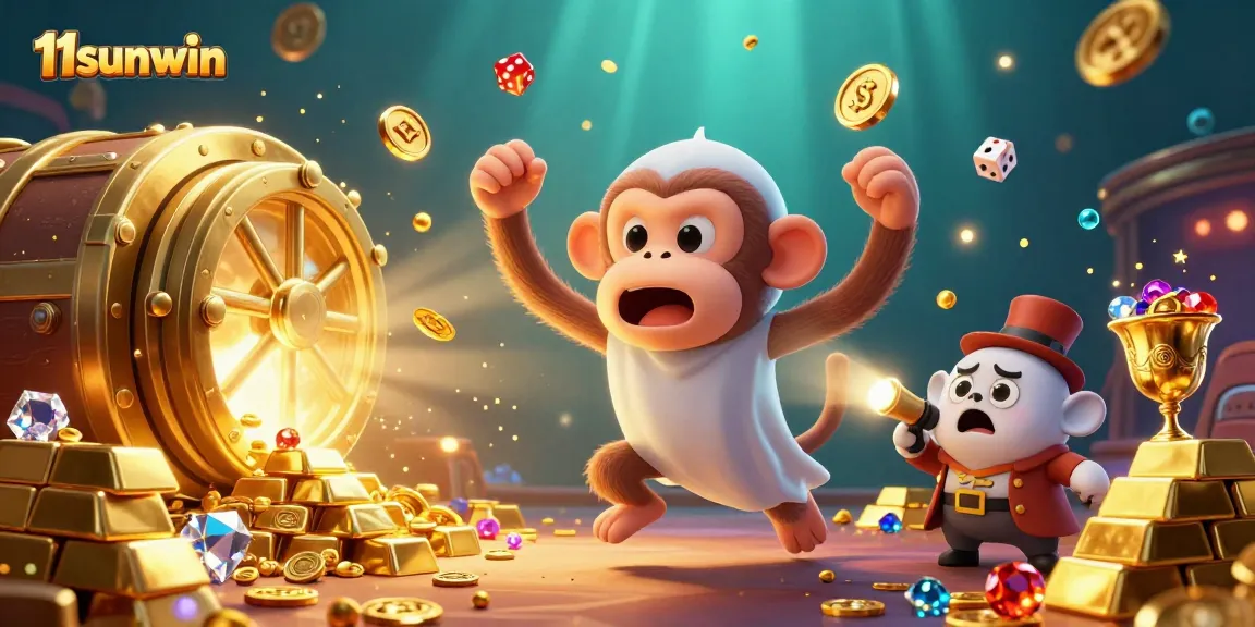 Experience the excitement of winning at 11sunwin with a lively casino scene featuring a playful monkey and curious puppy.