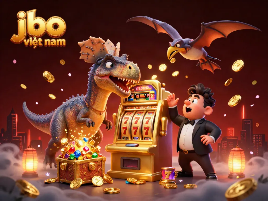Engage with exciting slots at jbo việt nam, featuring a dynamic illustration of gambling characters around a jackpot.