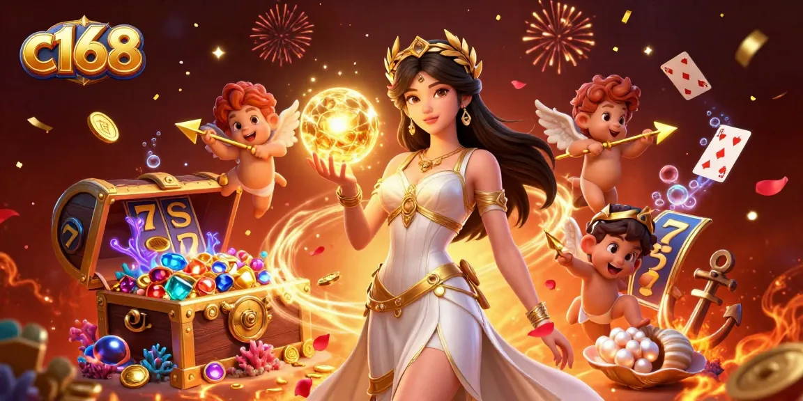Experience thrilling gameplay at c168 casino with captivating Grecian goddess and cute Cupids.