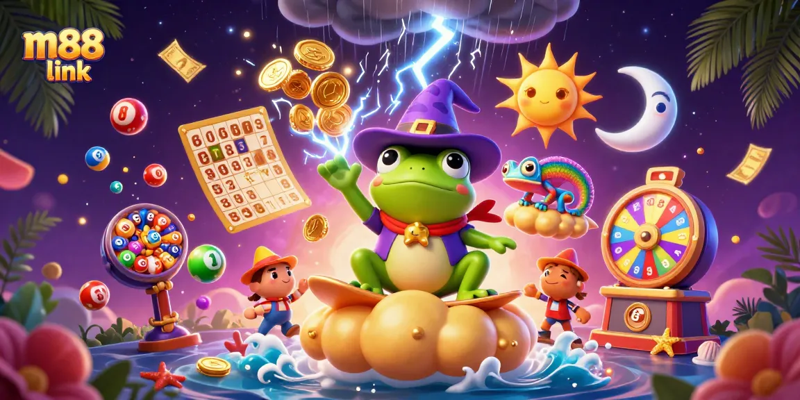 Win big with m88 link, a captivating 3D scene displaying a wizard frog, chameleon, and lottery elements.