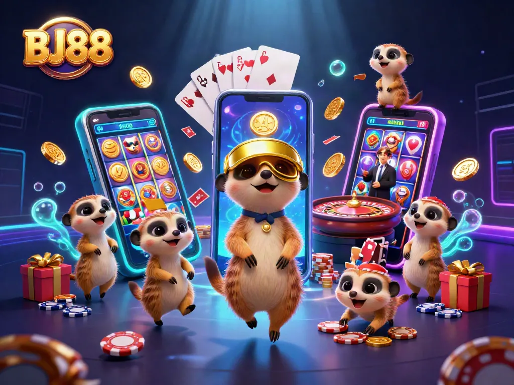 Experience the excitement at BJ88 with meerkats running a dynamic casino operation among vibrant gaming elements.