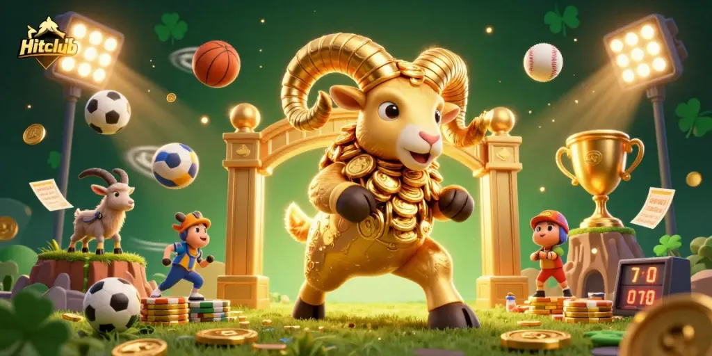 Experience Hitclub's thrilling gambling scene with a dynamic 3D illustration of a golden ram charging through a vibrant casino.
