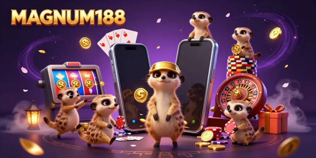 Experience MAGNUM188's lively slots with meerkats managing an exciting casino game atmosphere.