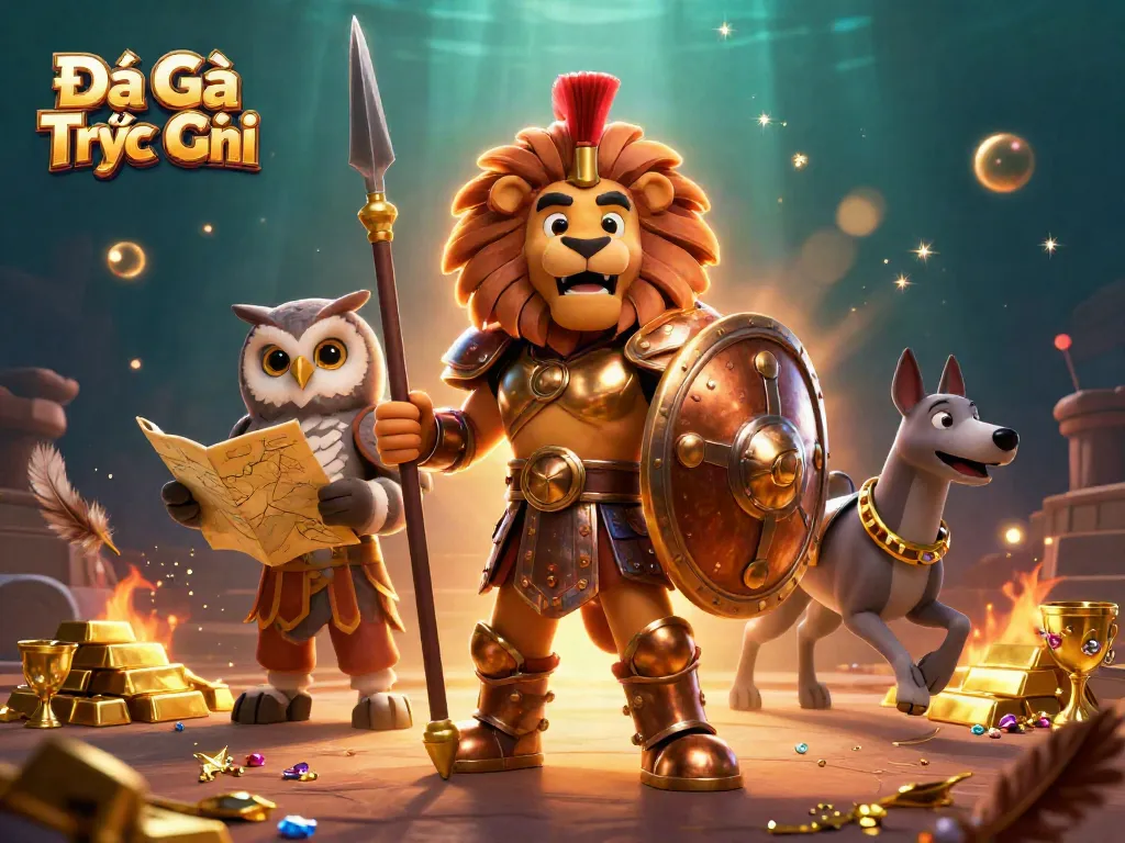 Engage in Đá Gà Trực Tiếp with heroic lion and strategist owl amidst riches of gambling