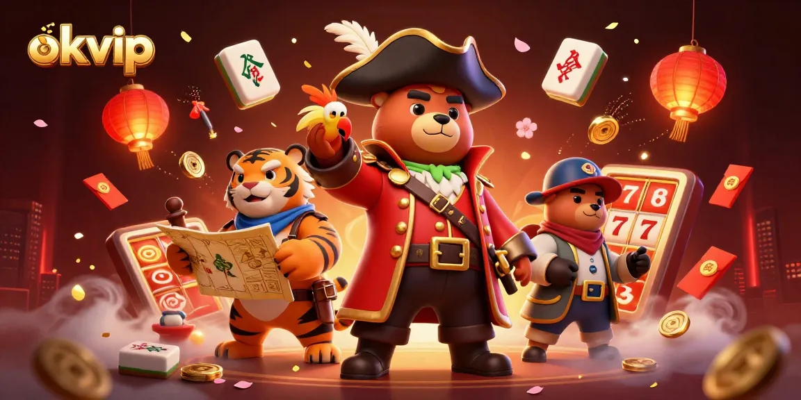 Experience thrilling gameplay at okvip with a 3D illustration of a pirate captain bear, casino elements, and vibrant decorations.