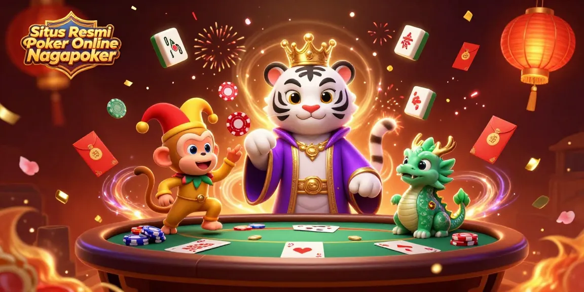 Situs Resmi Poker Online Nagapoker features lively characters and casino elements celebrating poker.