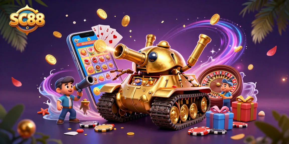 Experience the excitement of SC88 with a vibrant 3D casino beetle tank illustration filled with games.