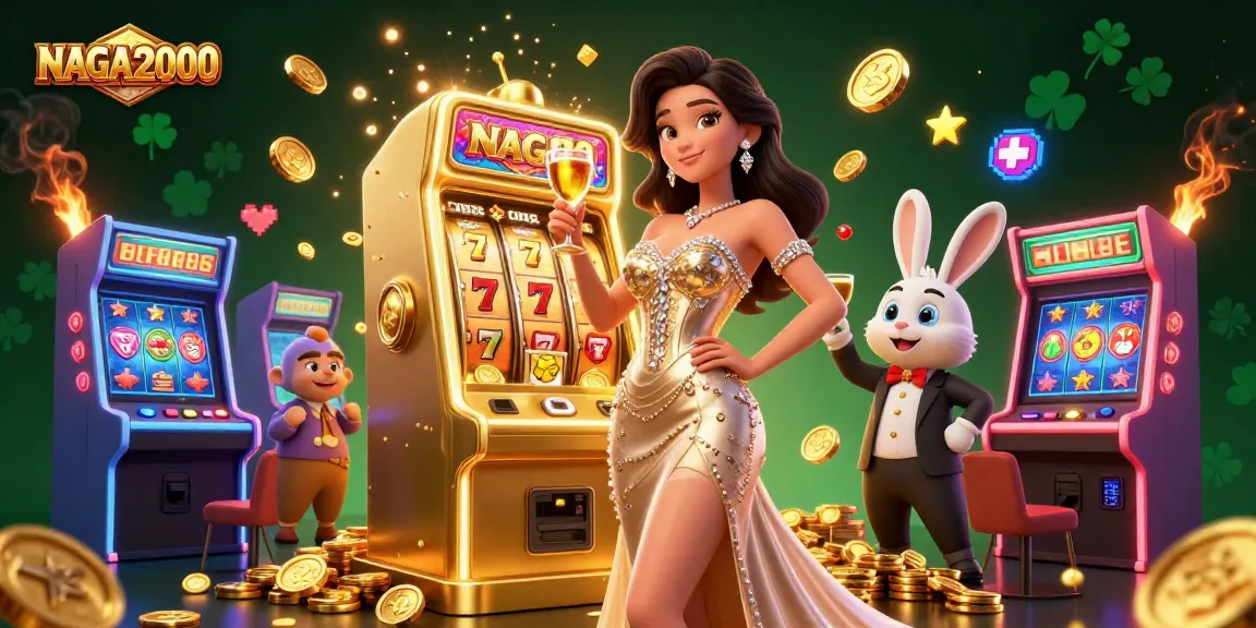 Ilustrasi permainan slot NAGA2000 menampilkan wanita glamor merayakan di samping mesin jackpot.