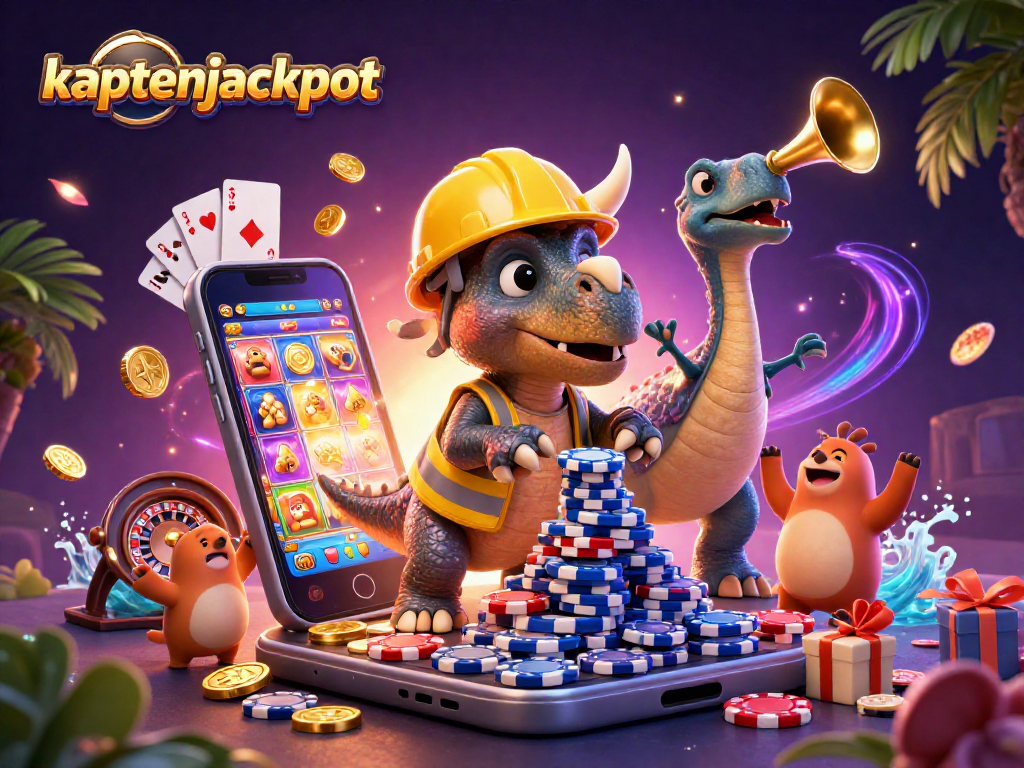 Celebrate jackpots with kaptenjackpot featuring lively dino characters amidst exciting casino elements.