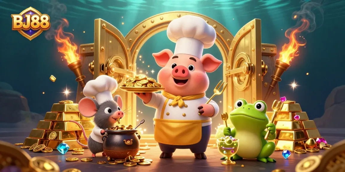 Experience the thrilling casino atmosphere of BJ88 with vibrant characters and gold treasures.