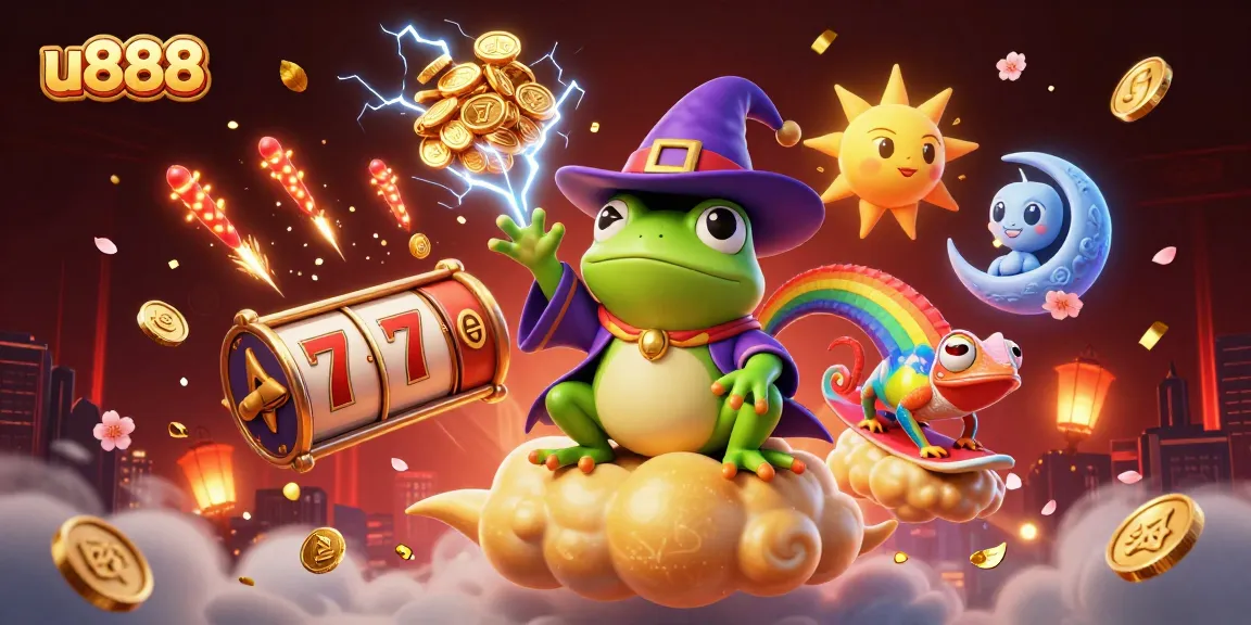 u888 fortune wizard frog unleashing golden coins in vibrant casino scene