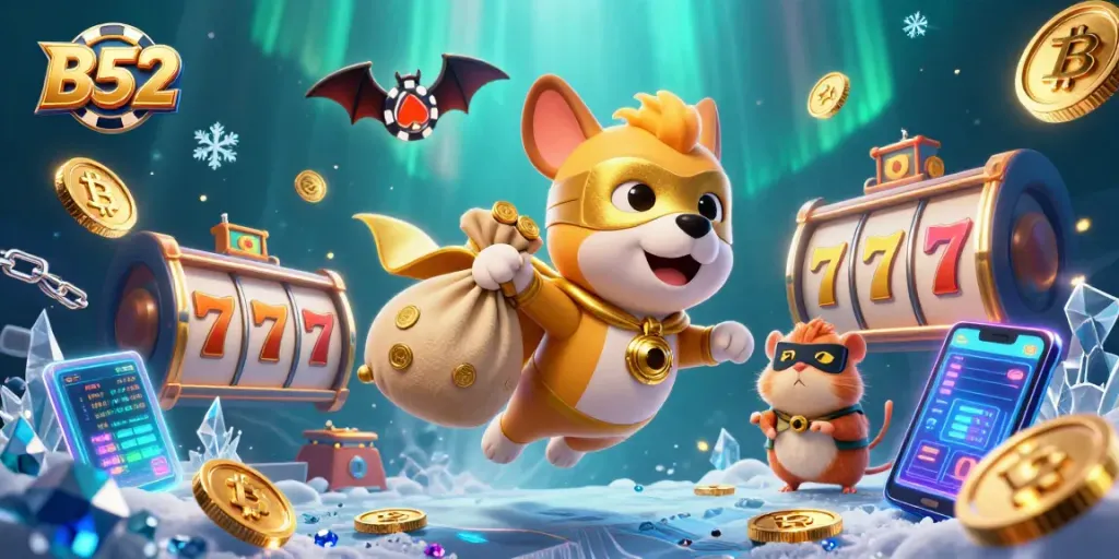 Engage with B52 in a vivid casino scene featuring a superhero dog and animated gaming elements.